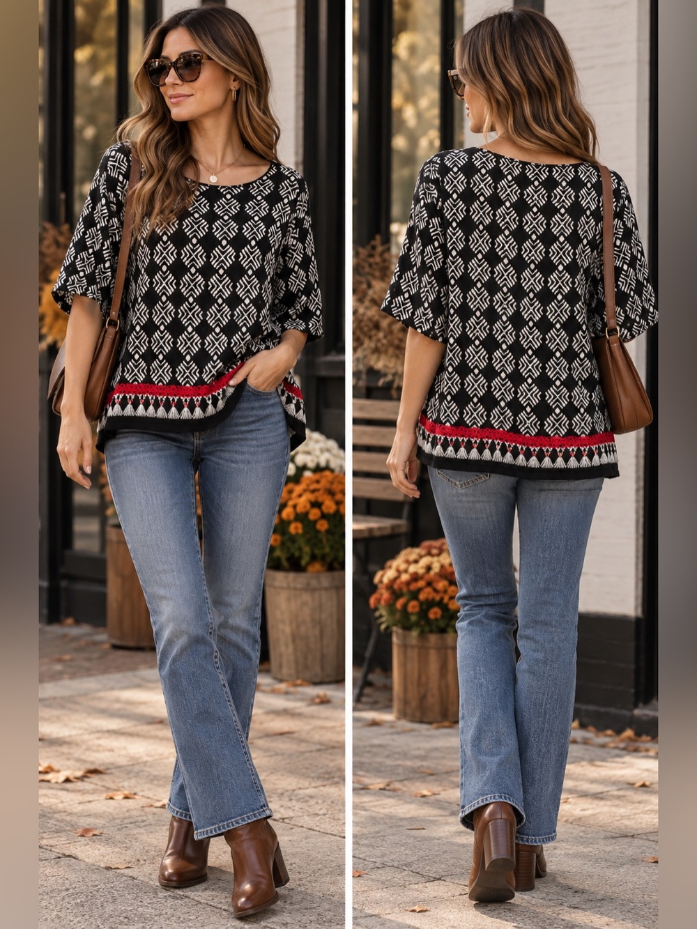 Ruby Rd. Black and Red Geometric Short-Sleeve Tunic